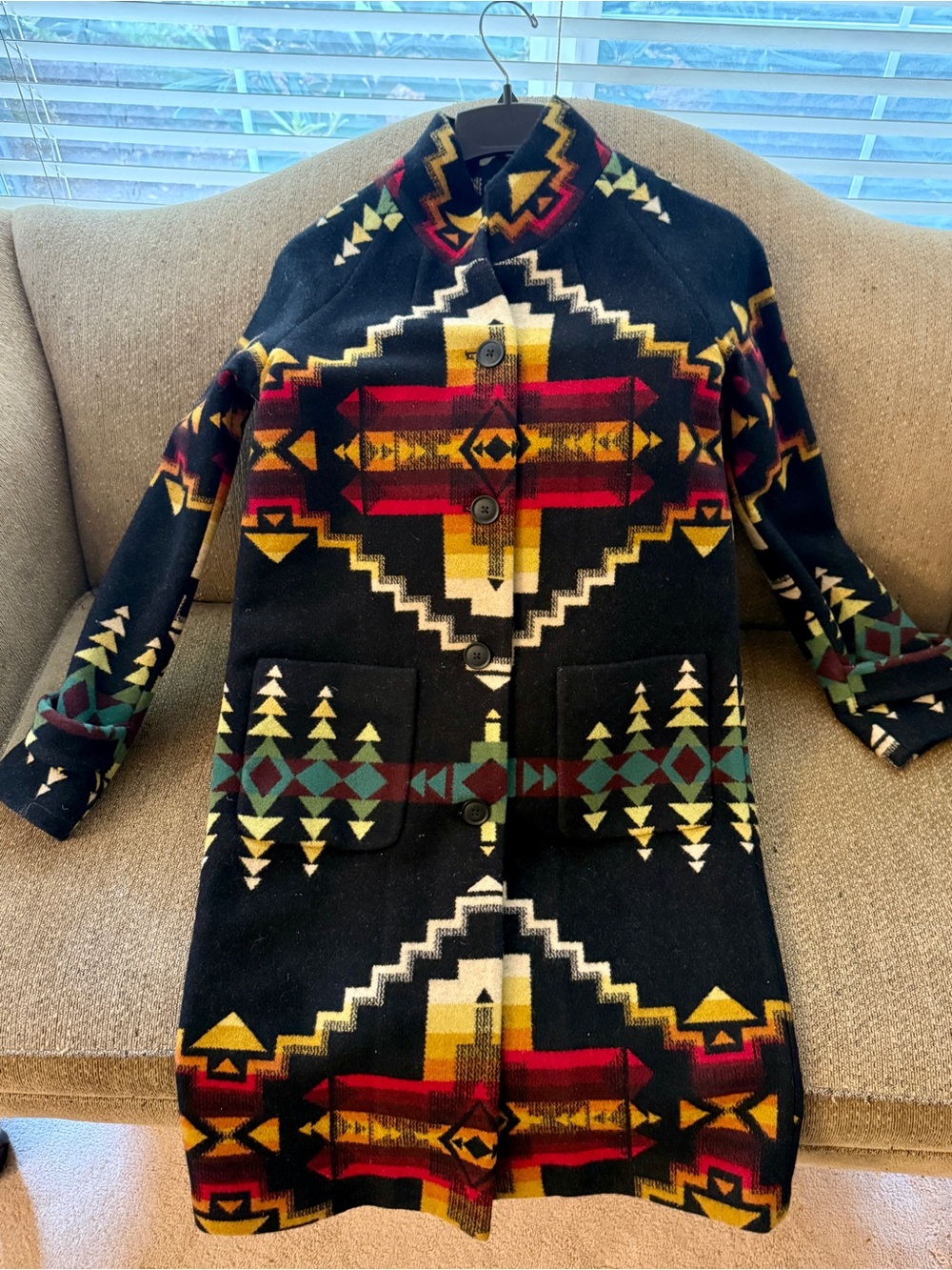 NWT Pendleton Harding Archives Wool Trench Coat w/ Multicolor Navajo Print Sz XS